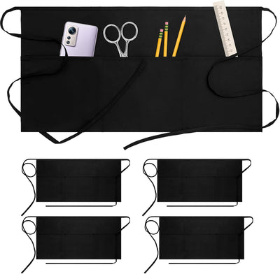 Paquete de 4 delantales de servidor con 3 bolsillos impermeables color negro