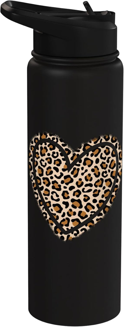 Botella de agua con patrón leopardo corazón para mujer y niña