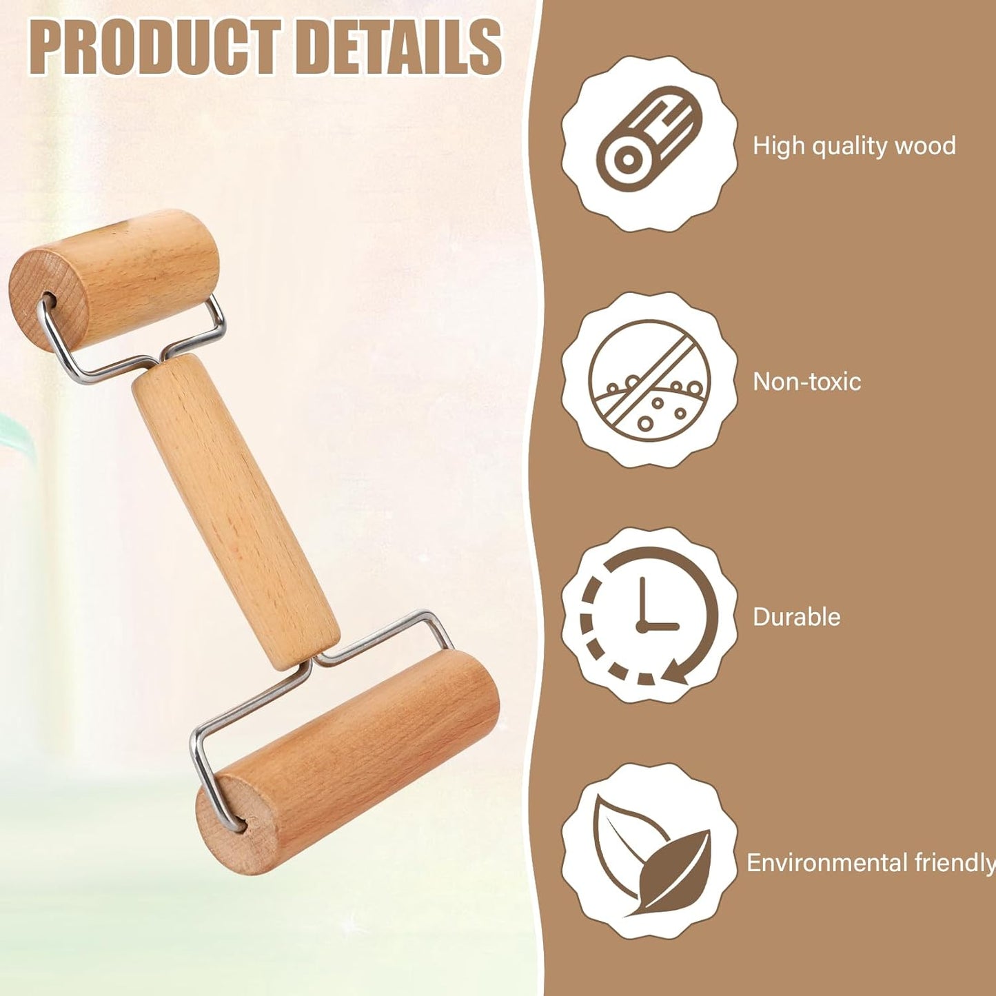 Mini rodillo de madera doble para masa con 3 raspadores antiadherente