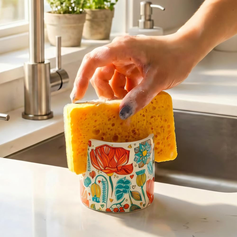 Soporte de esponja para fregadero de cocina y baño con flor roja