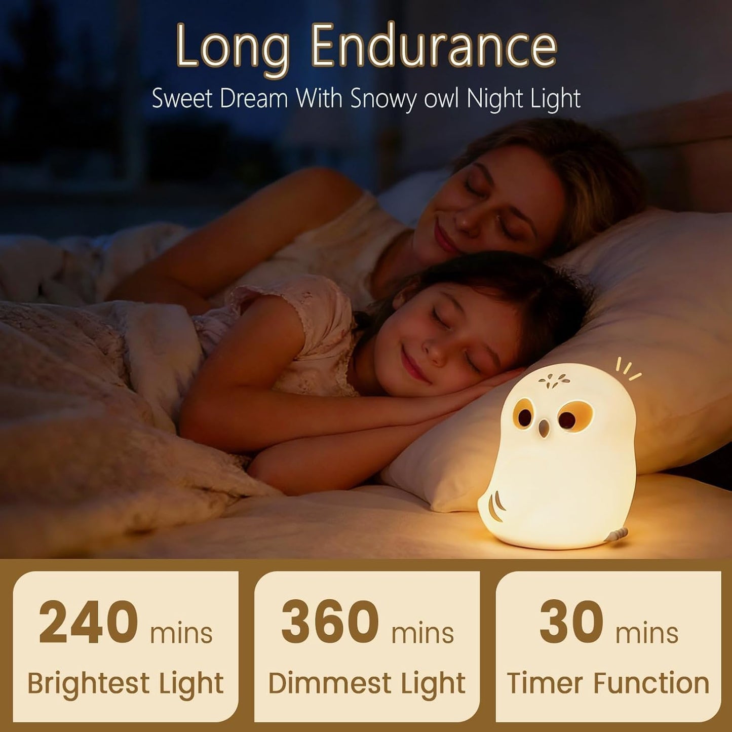 Luz Nocturna Búho Blanco Regulable Recargable para Niños
