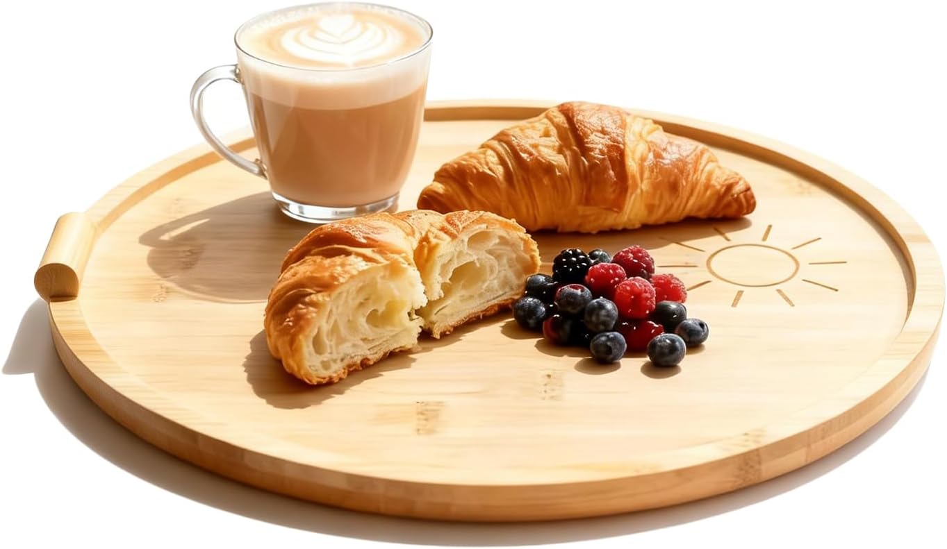 Bandeja bambú asa redonda servir desayuno 11.8pulg