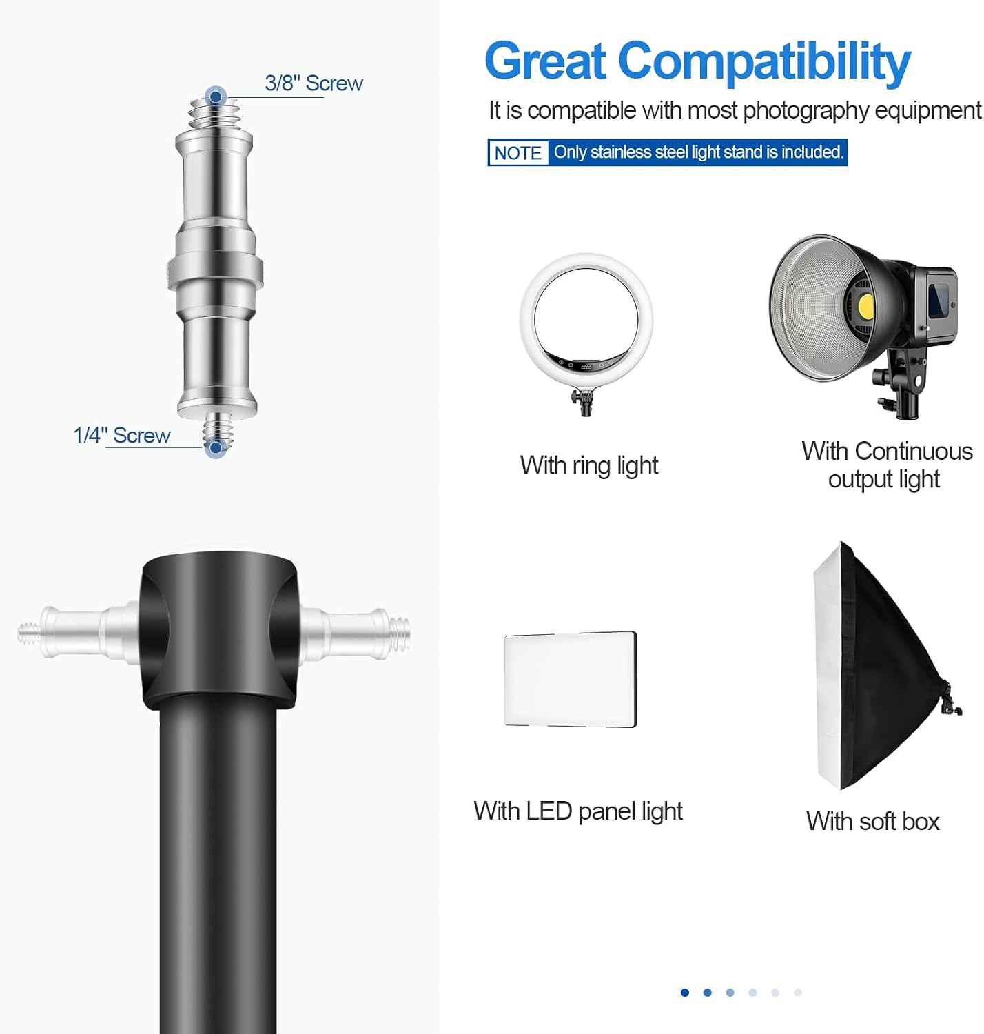 Soporte luz ajustable 53pulg rotación 180° adaptador 1/4-3/8