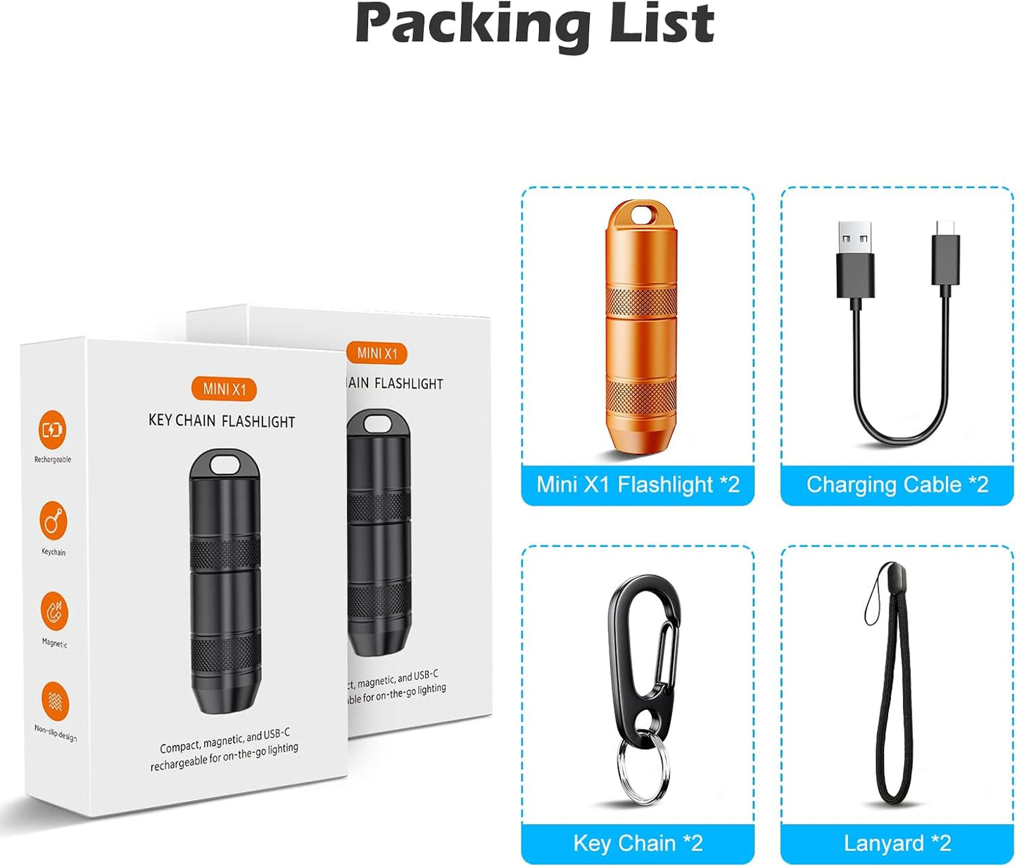 Pack 2 Linternas Mini USB-C Recargable Naranja
