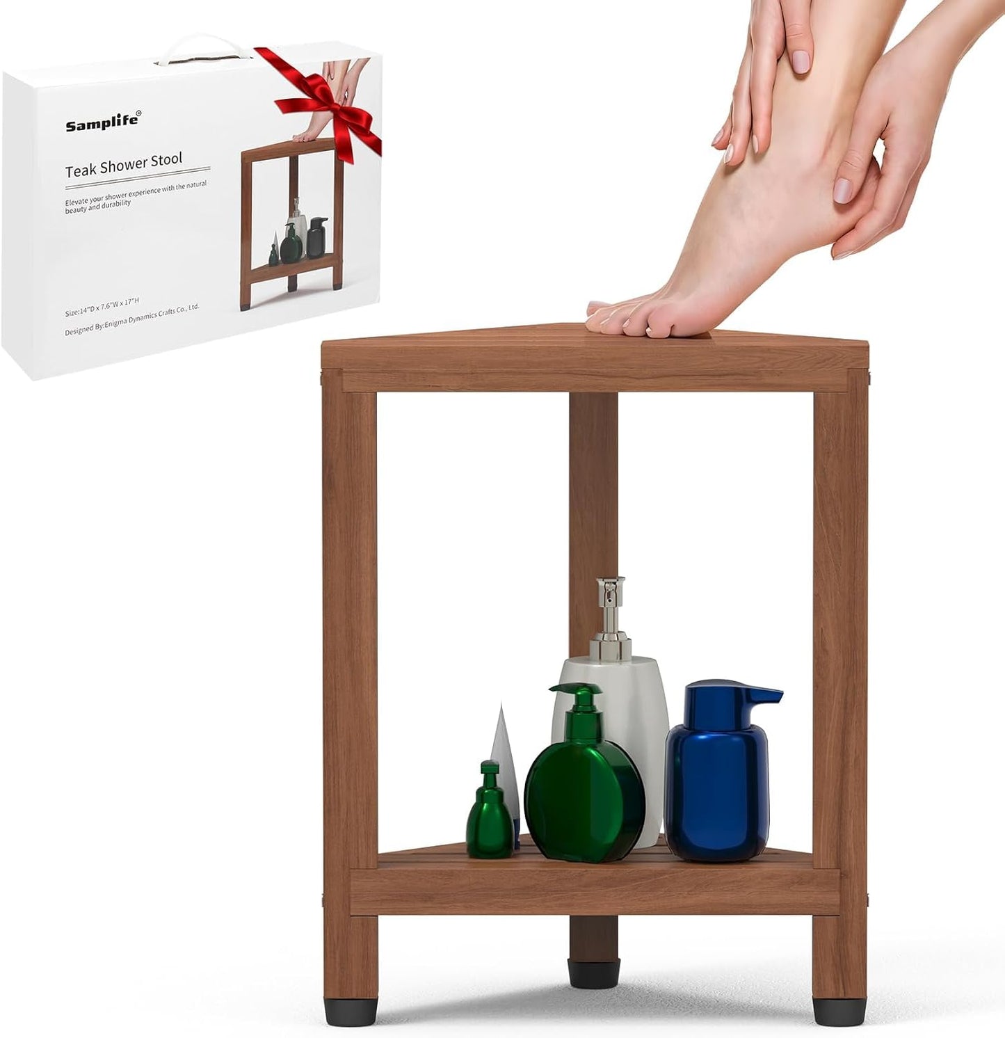Taburete ducha esquinero teca con estante resistente agua