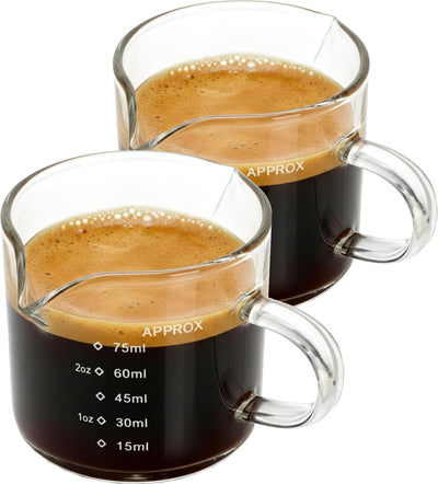 Juego de 2 tazas de café expreso y medidora de vidrio