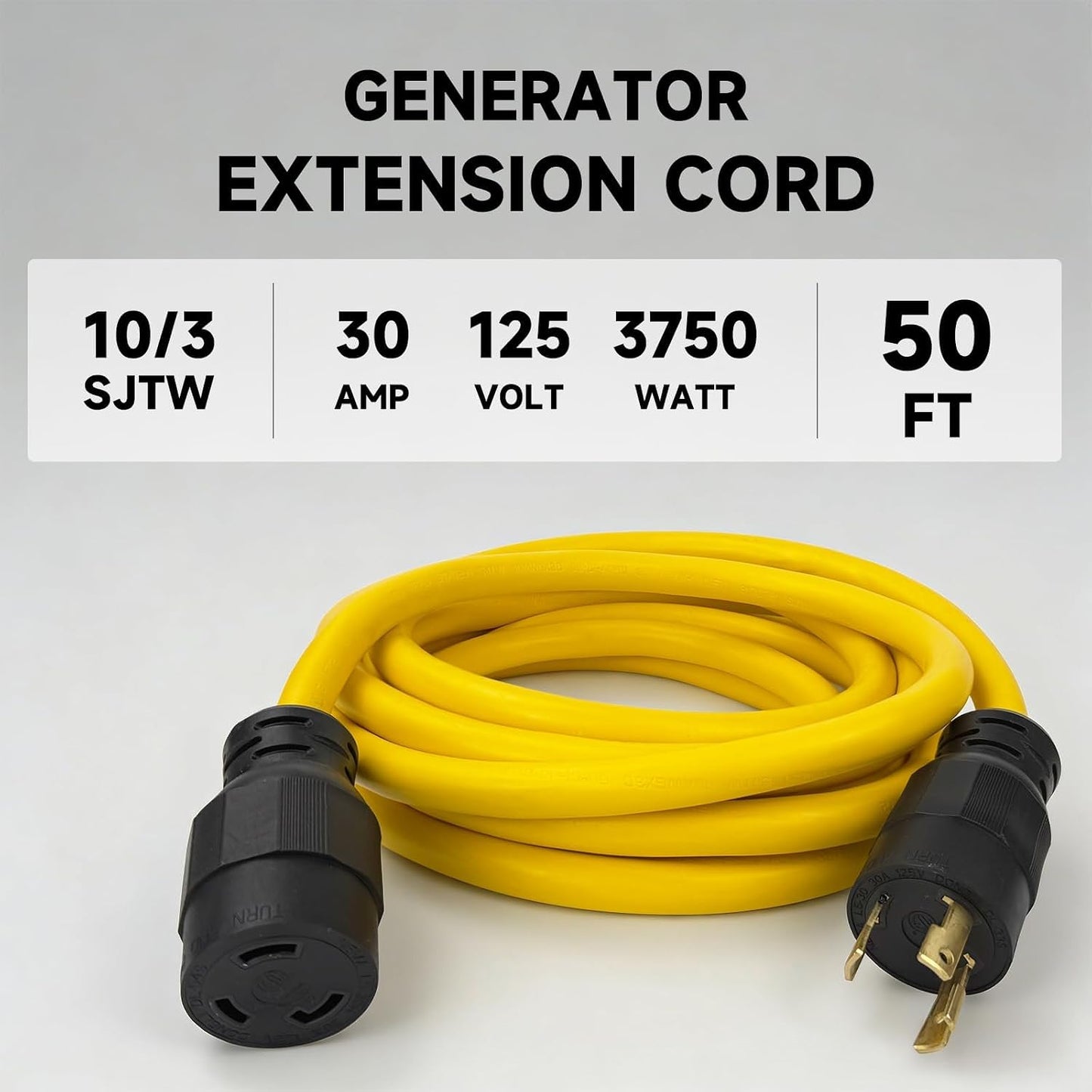 Cable extensión generador 50ft 30A 125V NEMA L5-30P/R negro