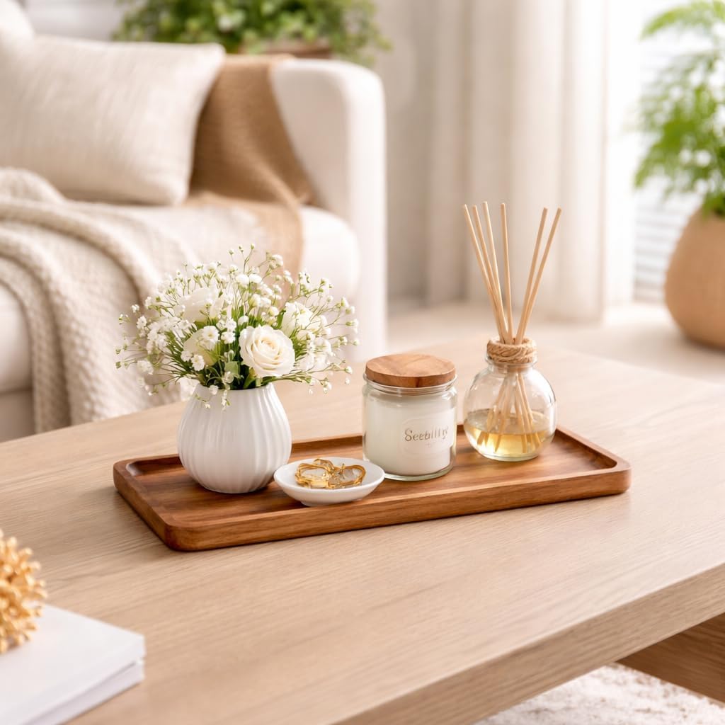 Bandeja de madera de acacia hecha a mano, multifuncional para velas y alimentos