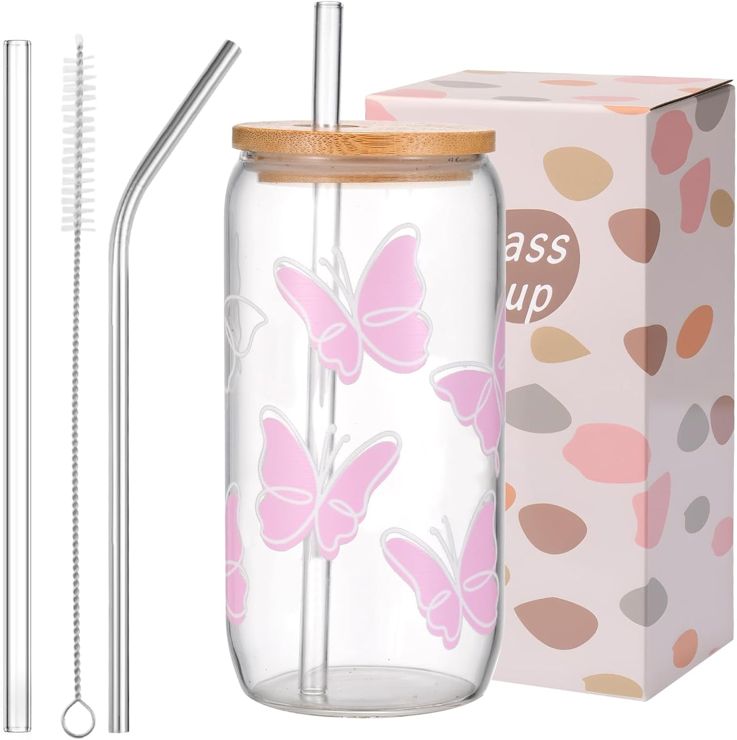 Tazas vidrio con tapa y pajita diseño femenino regalo niña