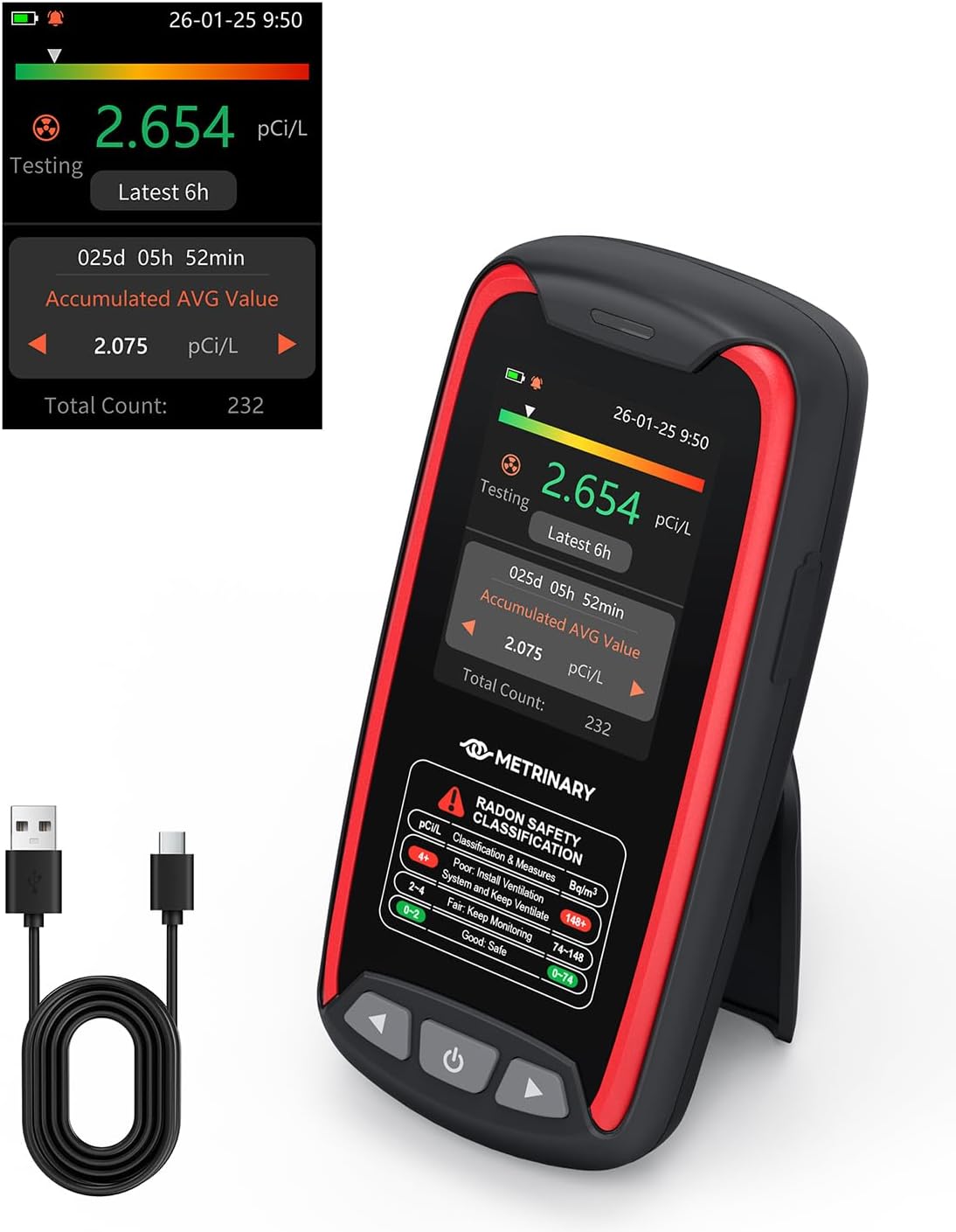 Detector radón hogar portátil pantalla TFT alarma USB-C