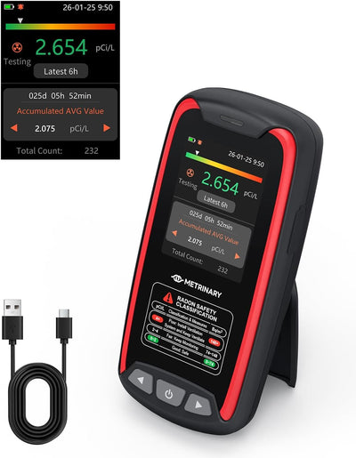 Detector radón hogar portátil pantalla TFT alarma USB-C