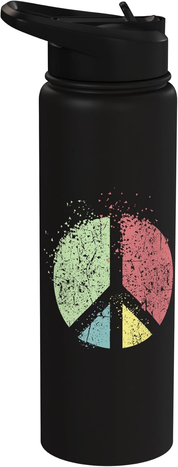 Botella de agua aislada de acero inoxidable con símbolo de paz hippie