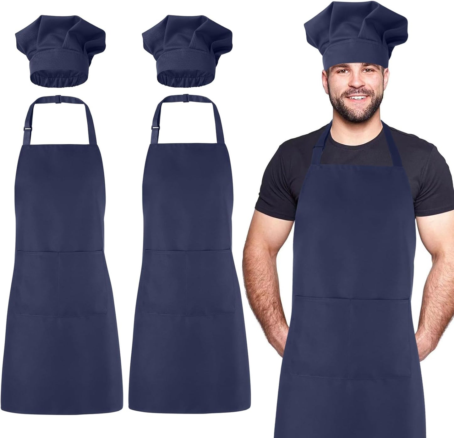Paquete de 2 delantales de chef y sombrero ajustable con bolsillos