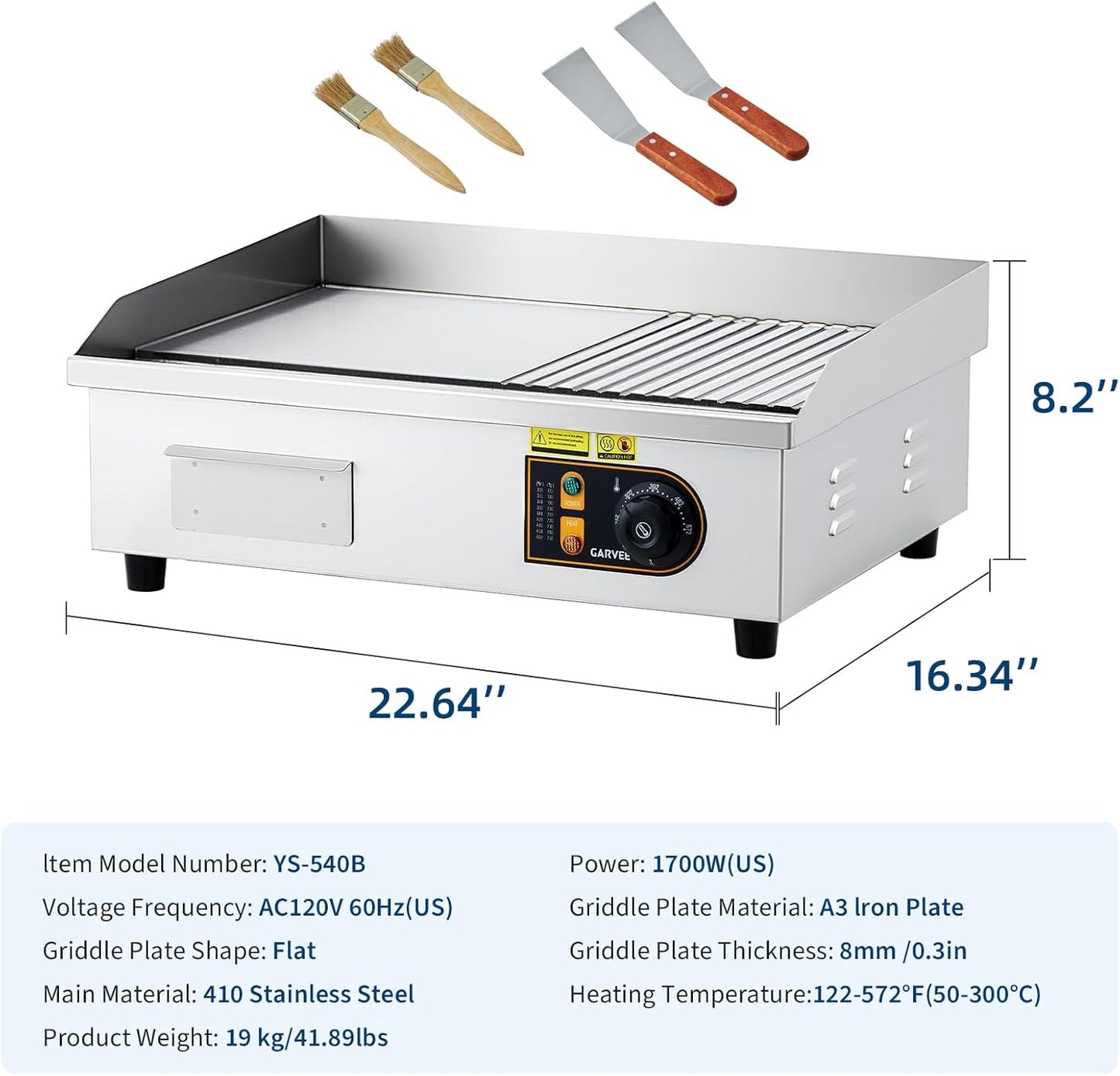 Parrilla eléctrica 22pulg acero inox 1700W con palas y cepillos