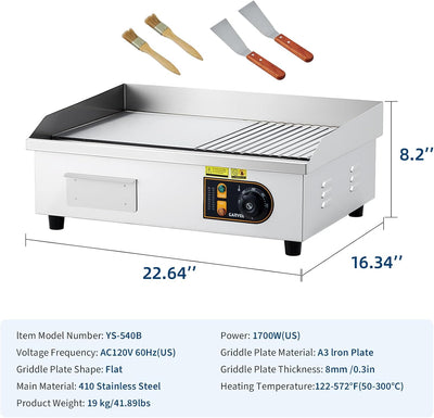 Parrilla eléctrica 22pulg acero inox 1700W con palas y cepillos