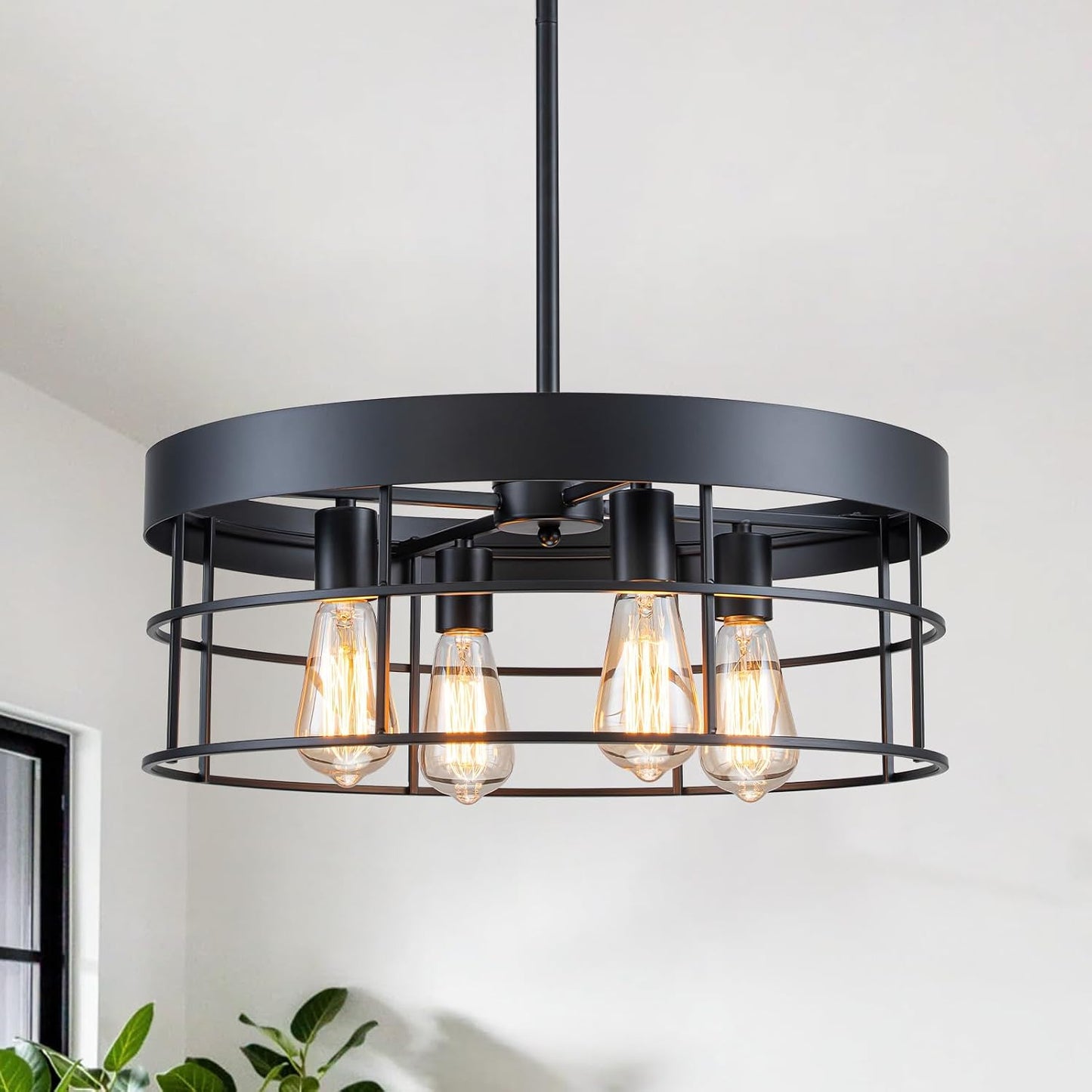 Lámpara tambor industrial 4 luces metal negro comedor sala