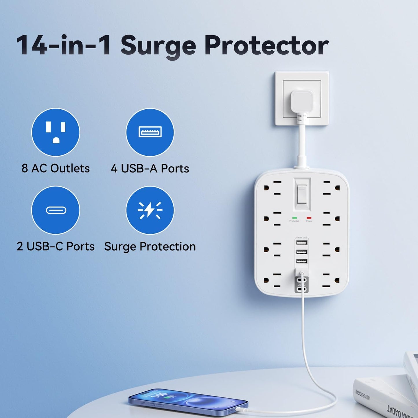 Cable extensión 1pulg con 8 tomas y 6 puertos USB