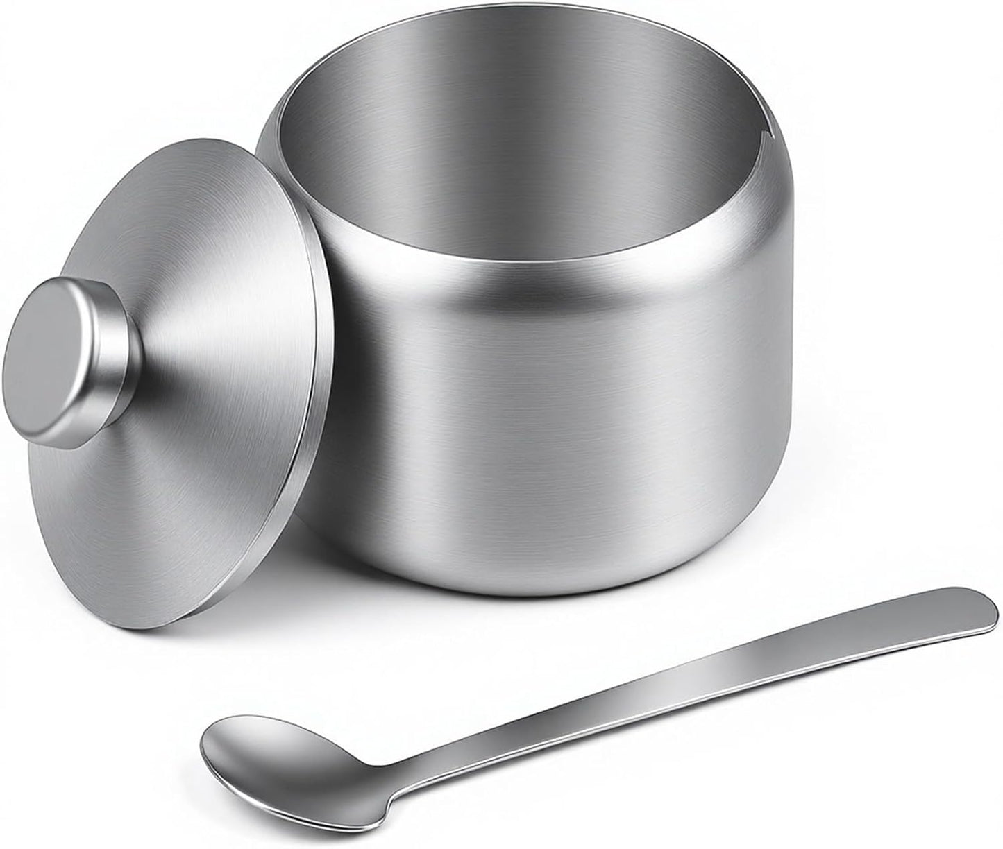 Azucarero de acero inoxidable con cuchara y tapa, dispensador de azúcar para cafetería