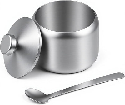 Azucarero de acero inoxidable con cuchara y tapa, dispensador de azúcar para cafetería