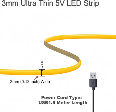 Tira luces LED COB ultra estrecha USB-C autoadhesiva 3ft