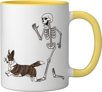 Taza Cerámica Halloween Corgi Esqueleto Amarillo/Blanco