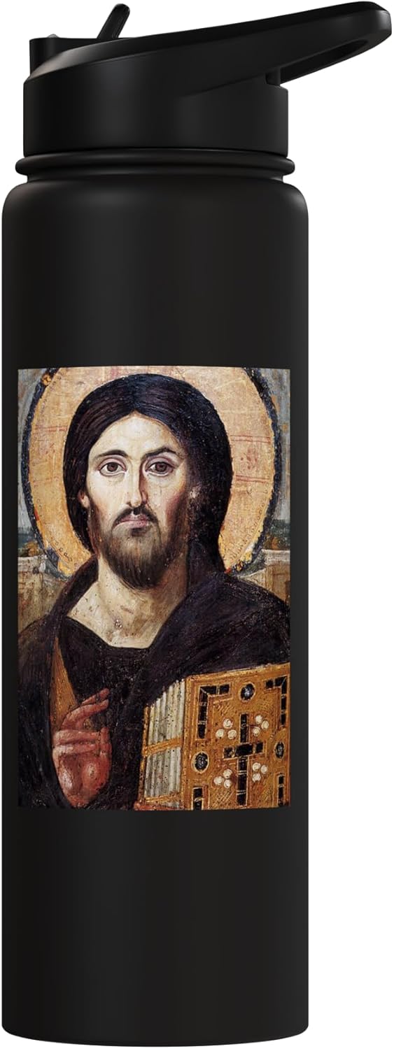 Botella agua acero inox aislada icono Cristo Pantocrator