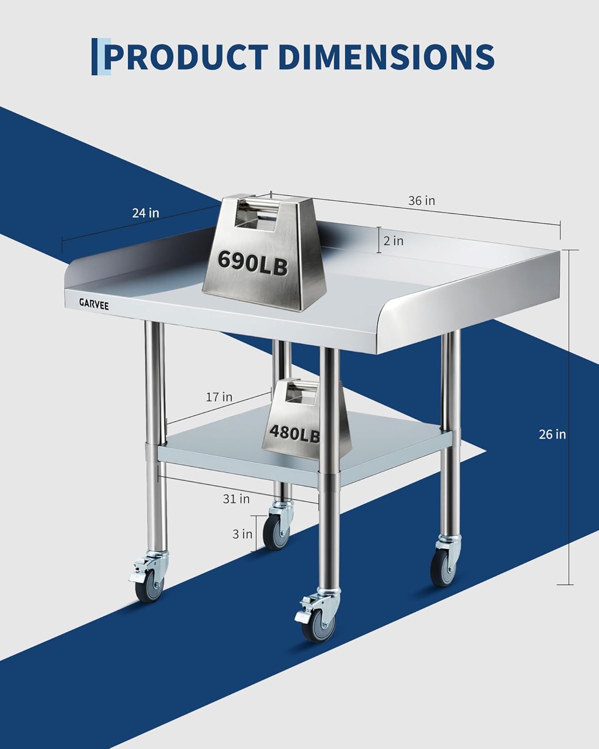 Mesa trabajo acero inox 24x36pulg ruedas respaldo ajustable