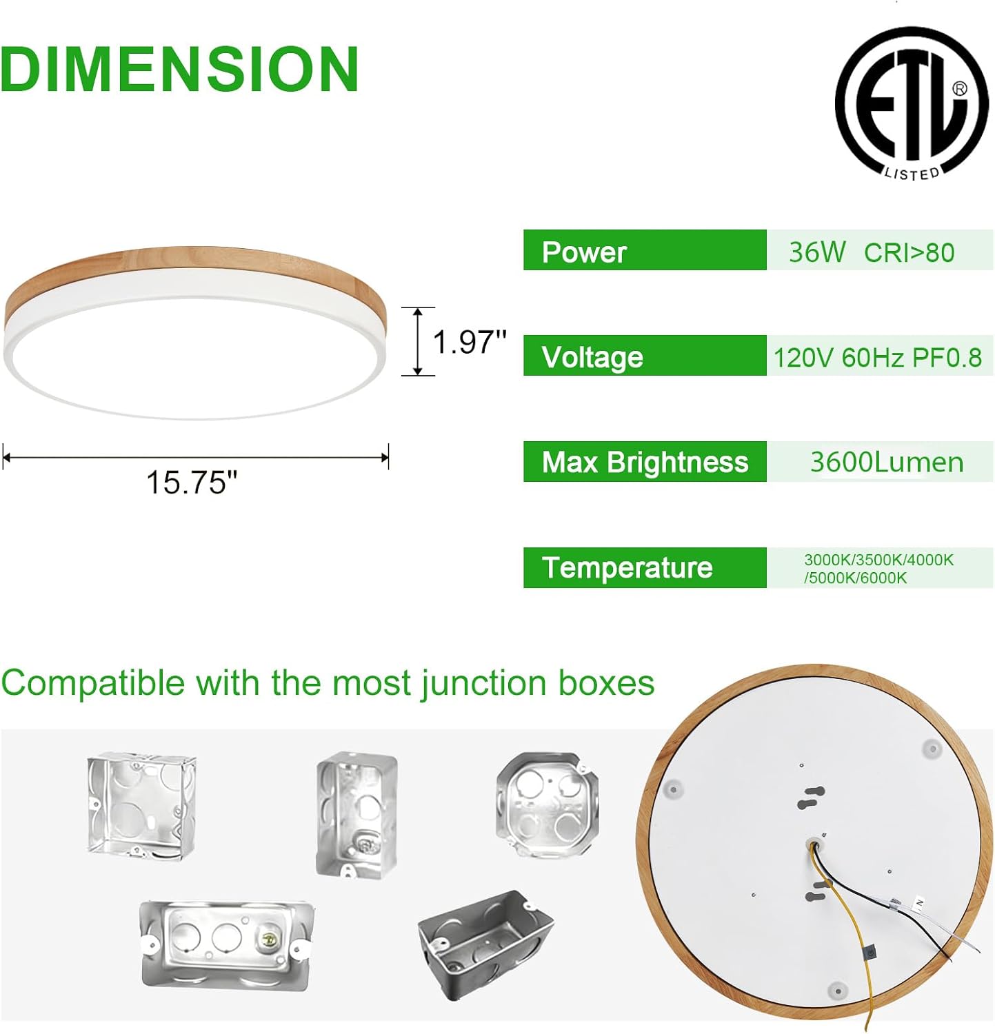 Lámpara techo LED madera 15.8pulg 3000-6000K dormitorio