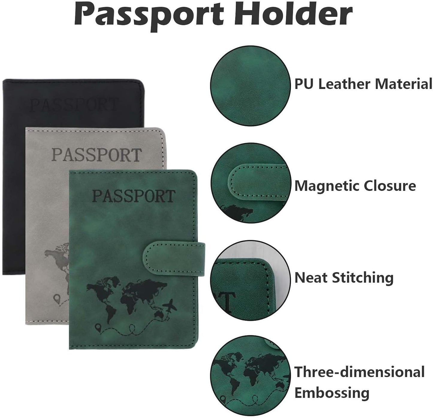 3 Pzas Titular Pasaporte Cuero PU Negro Verde Gris Minimalista