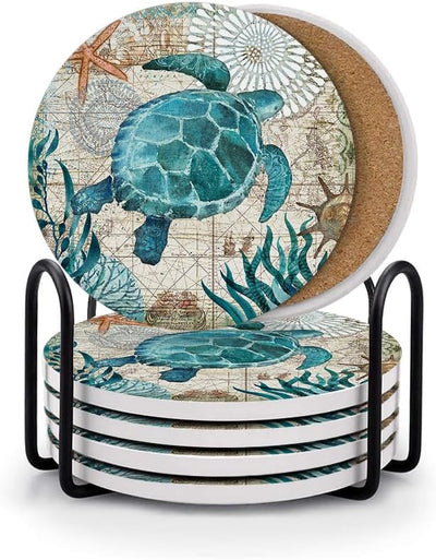 Set 6 Posavasos Cerámica Tortuga Azul Base Corcho