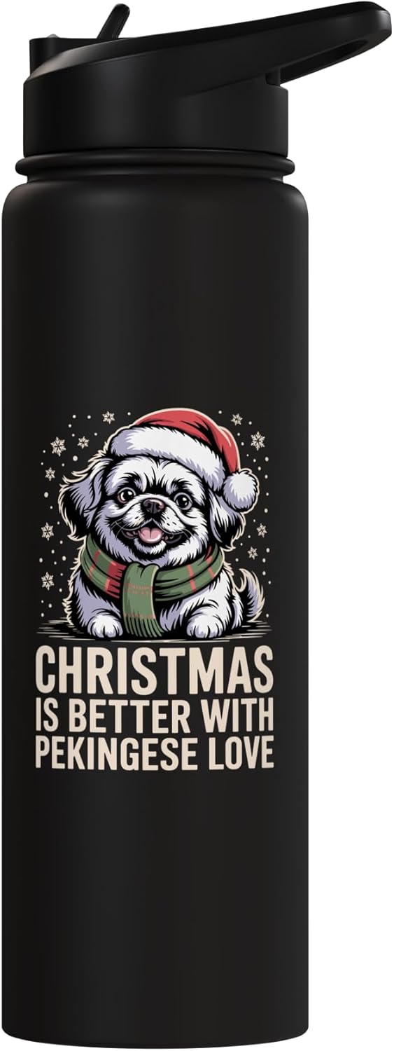 Botella de agua acero inoxidable con perro pekingés navideño
