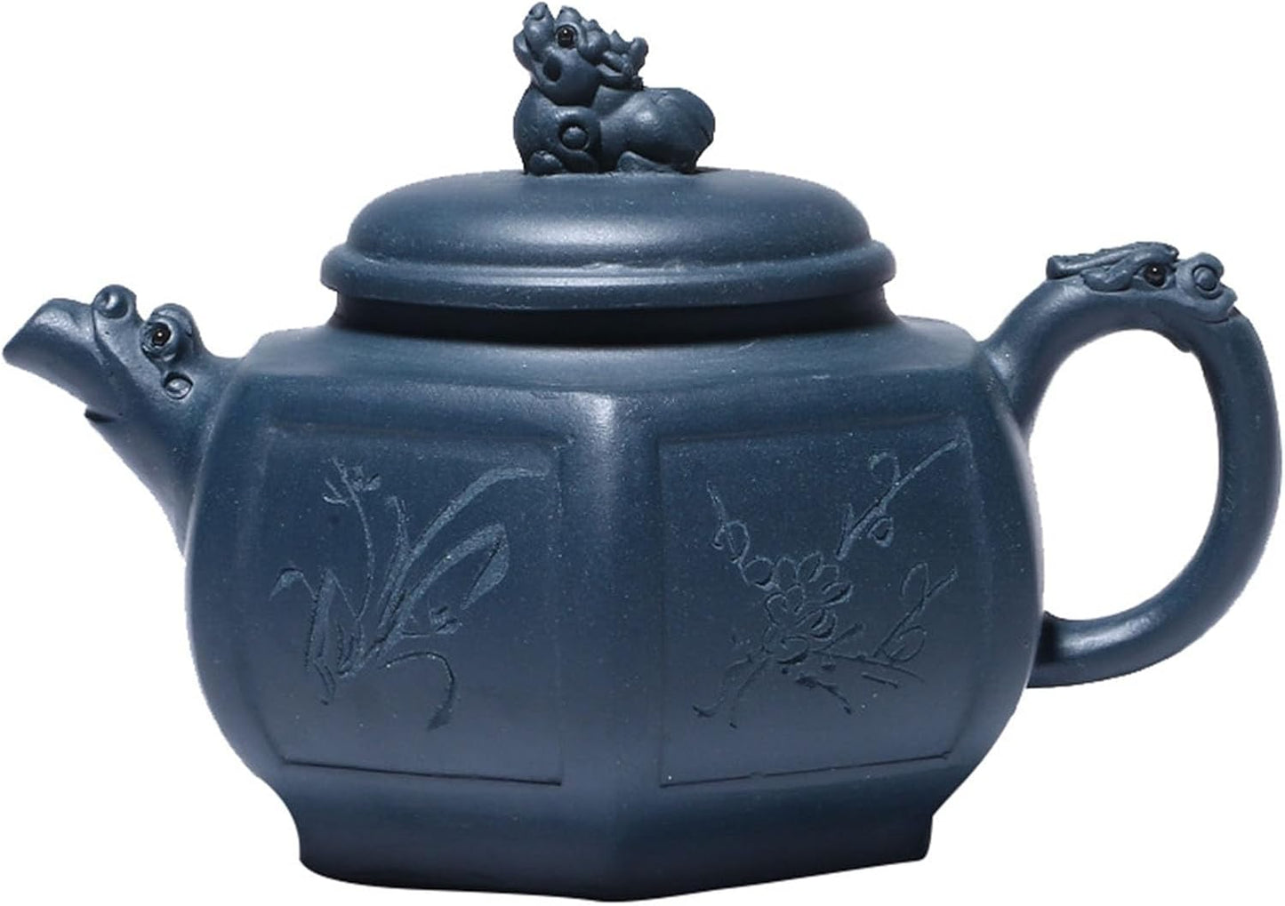 Tetera de arcilla Yixing 10oz zisha hexagonal dragón y león