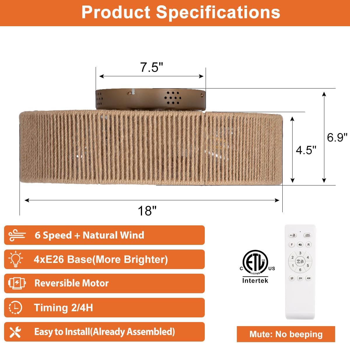 Ventilador techo bohemio 18pulg con luz control remoto