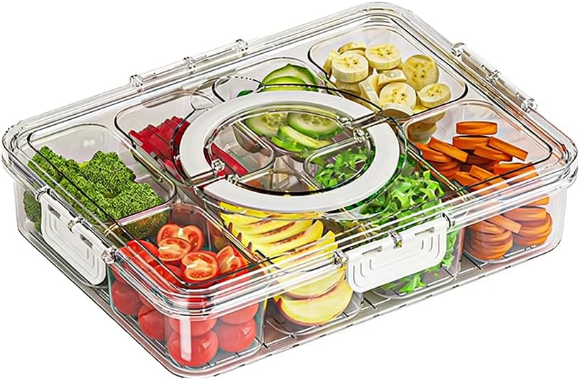 Contenedor dividido 8 compartimentos con tapa y asa para frutas, dulces y picnics