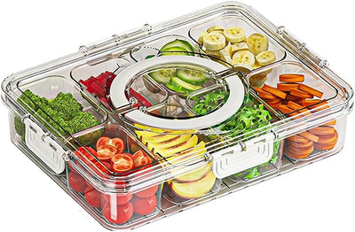Contenedor dividido 8 compartimentos con tapa y asa para frutas, dulces y picnics