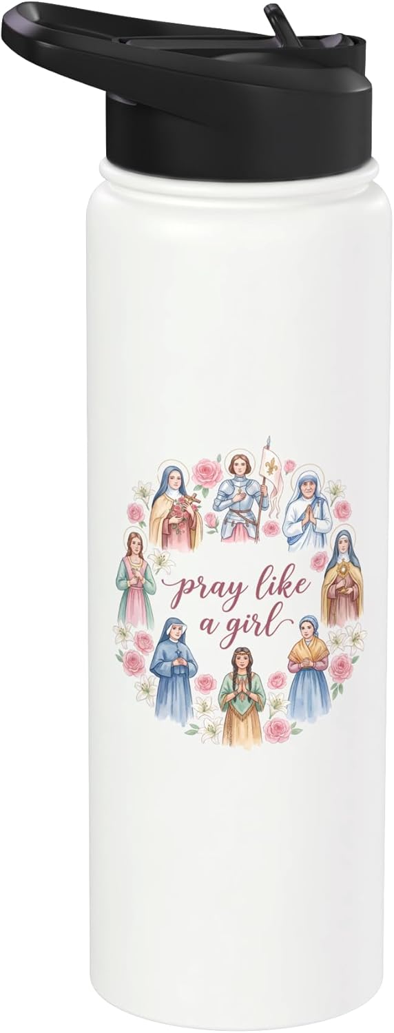 Botella de agua acero inoxidable aislada con flores para mujer santidad católica
