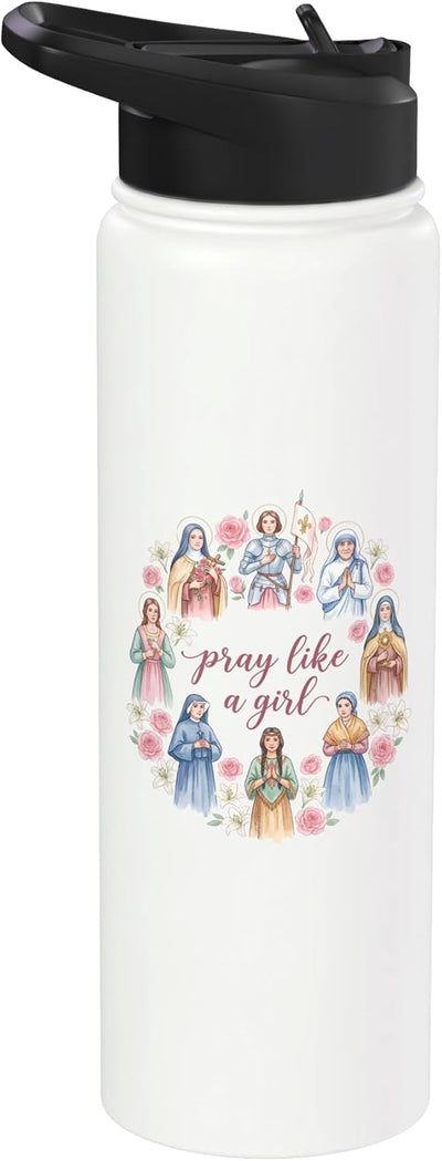 Botella de agua acero inoxidable aislada con flores para mujer santidad católica