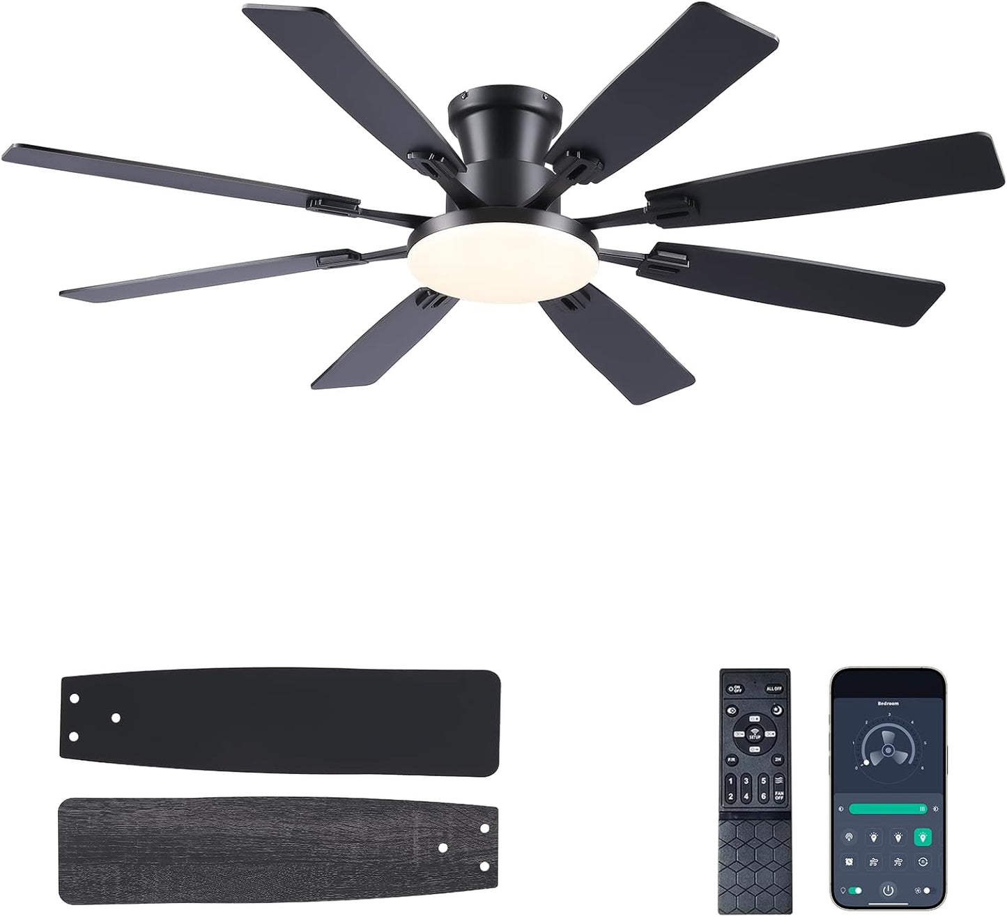 Ventilador techo 60pulg luces control remoto motor CC 6 vel negro