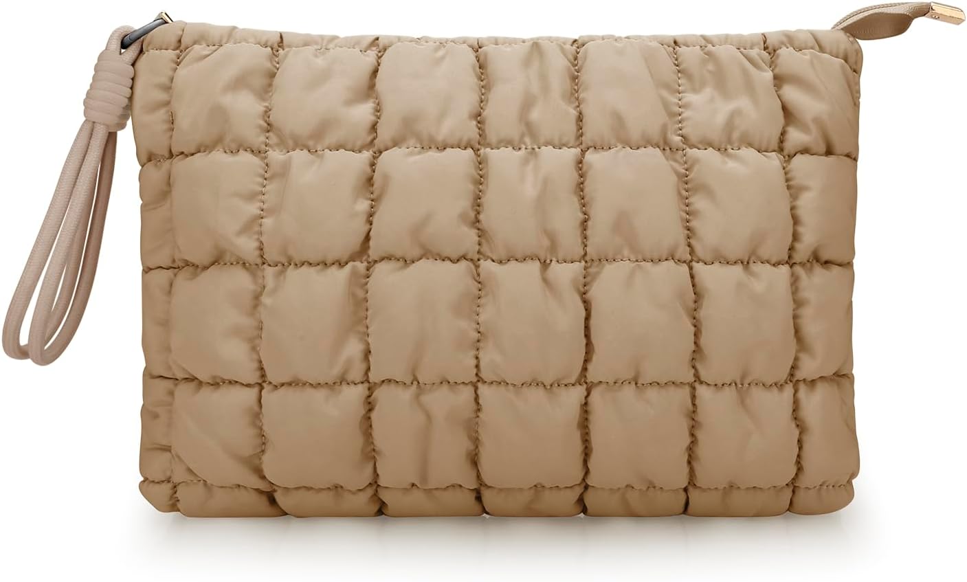 Bolsa maquillaje acolchada algodón cuadros cremallera marrón