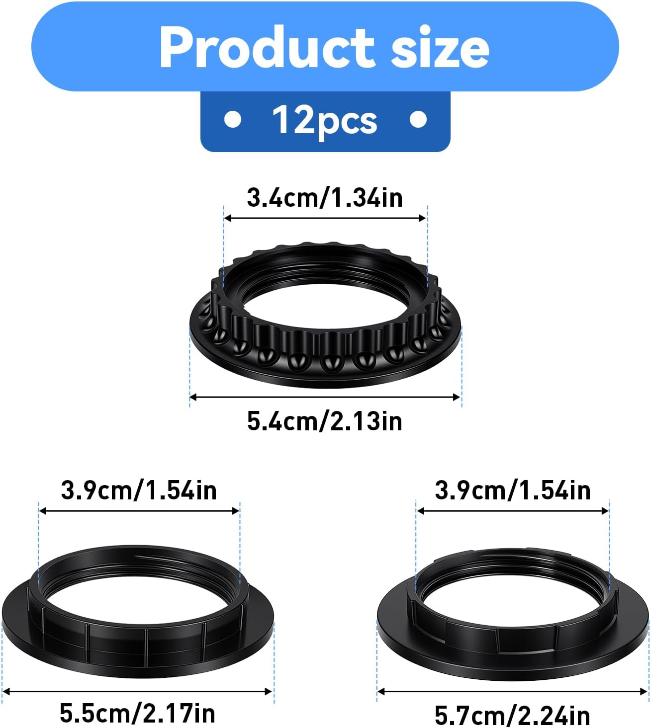 Pack 12 Anillos E26/E27 Retención Negro 1.46/1.49pulg