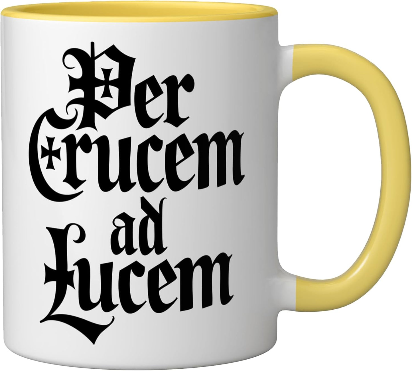 Taza cerámica Per Crucem ad Lucem Templario amarillo/blanco