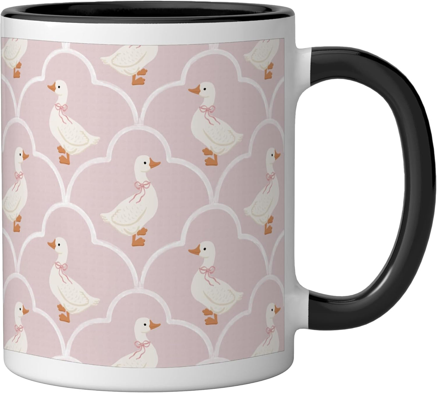 Taza cerámica rosa Country Goose con estampado de lazo rosa y negro/blanco