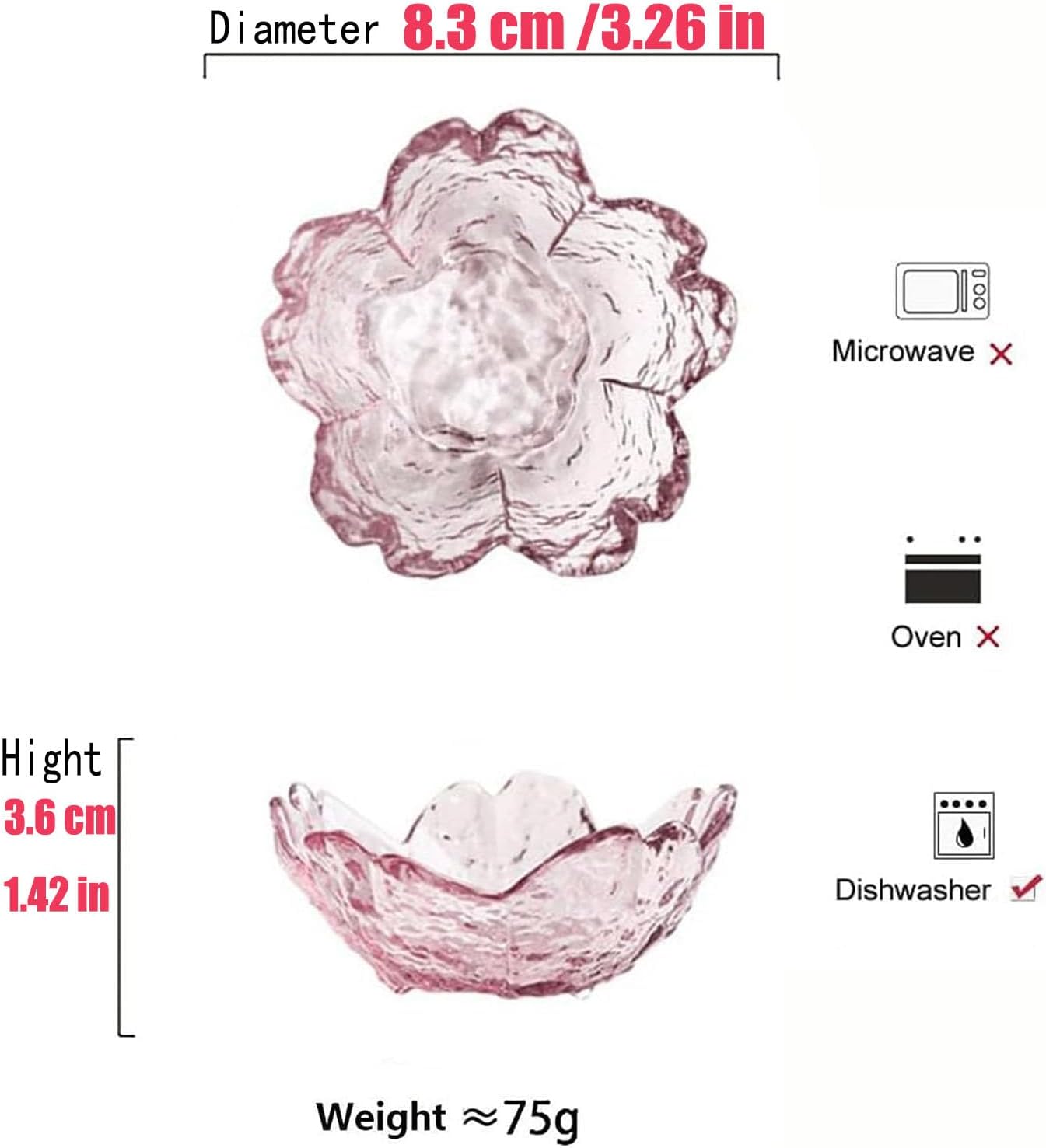 Juego de platos rosados de vidrio Sakura, paquete de 6 cuencos de sushi
