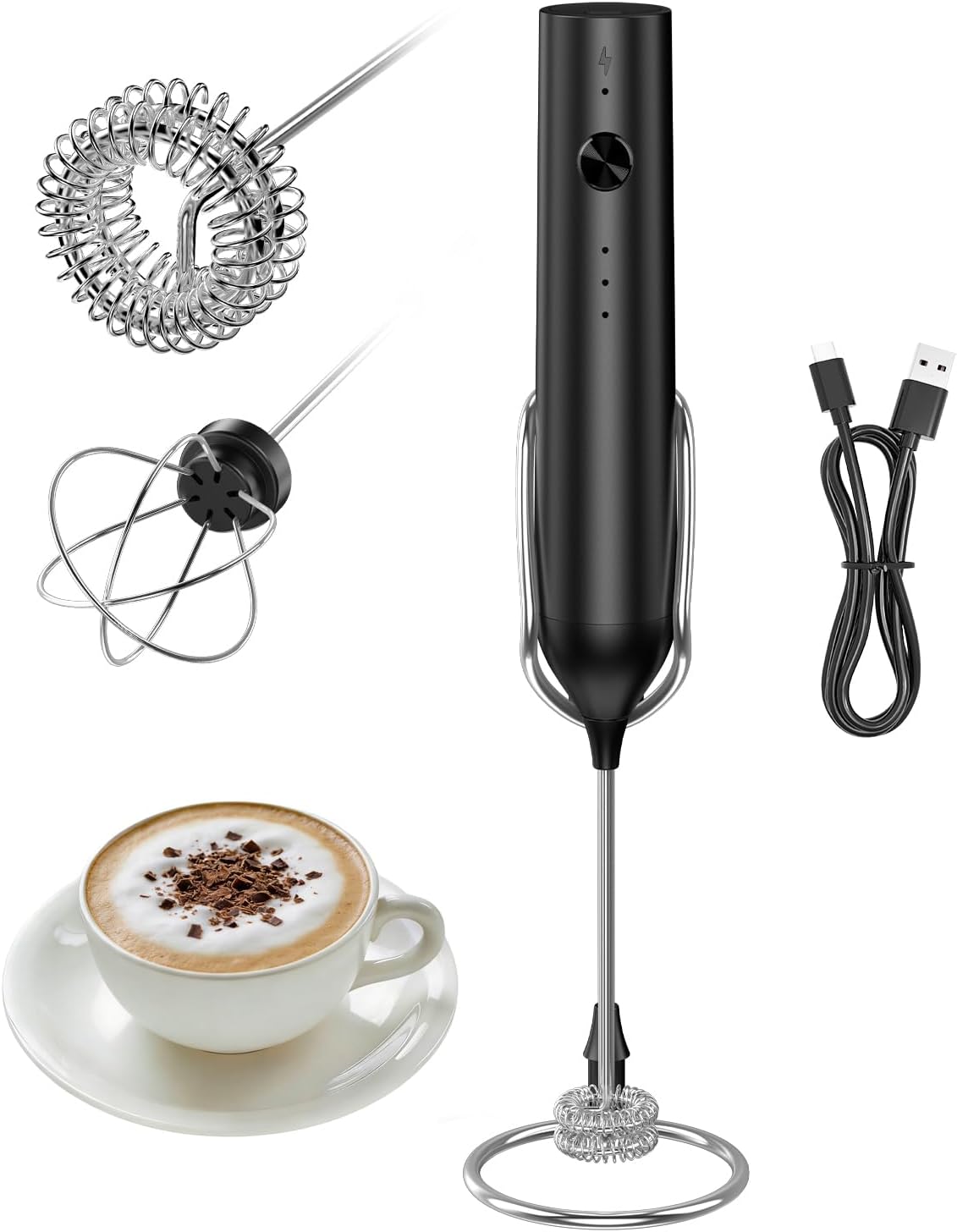 Espumador leche recargable 3 velocidades 2 cabezales café lattes