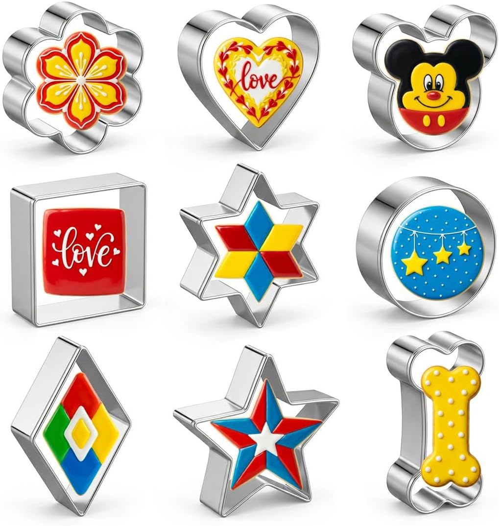 Juego de 9 cortadores de galletas de acero inoxidable con forma corazón, flor, ratón, redondo, estrella, cuadrado y hueso de perro