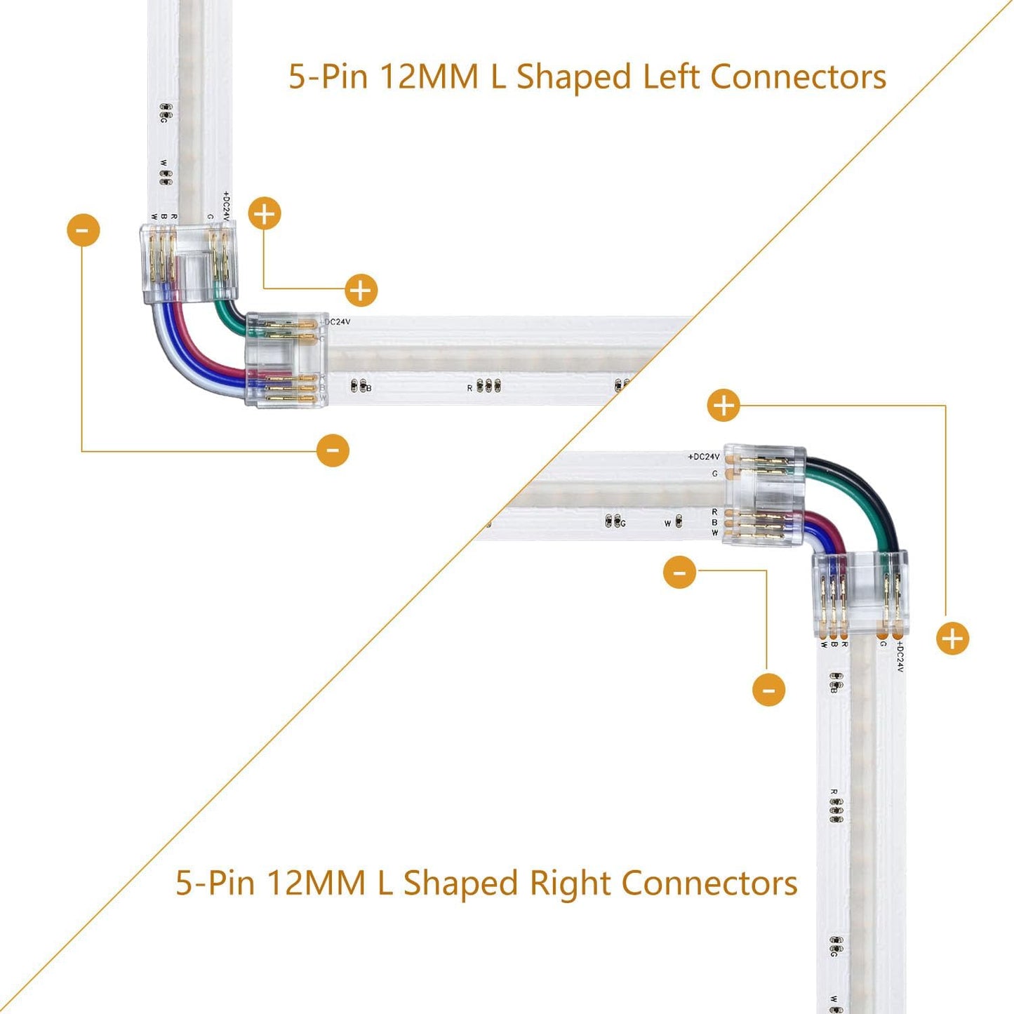 Conectores LED en forma de L para tiras COB RGBW 5 pines