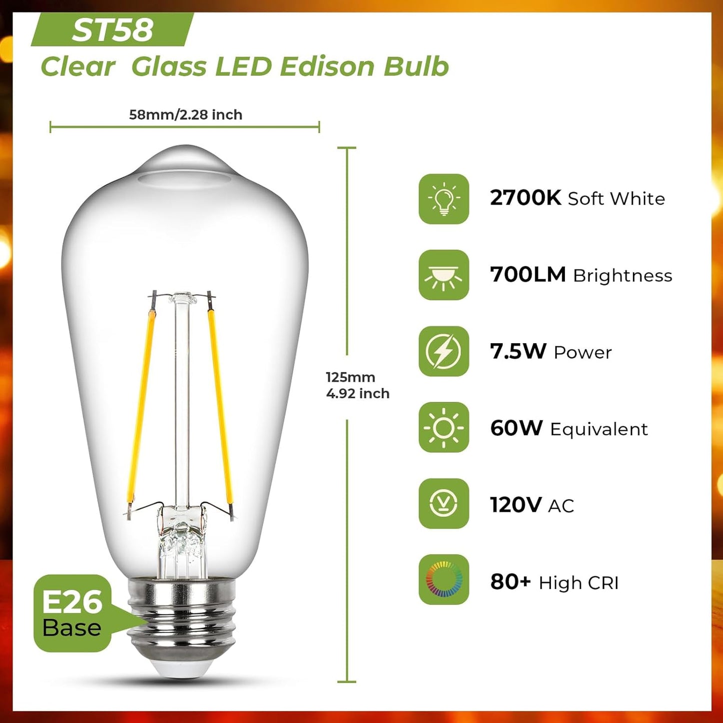 Bombillas LED Edison ST58 E26 700lm blanco cálido suave