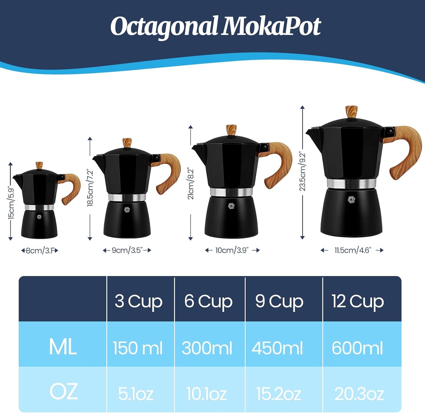 Cafetera italiana de aluminio Moka Pot 3 tazas negro