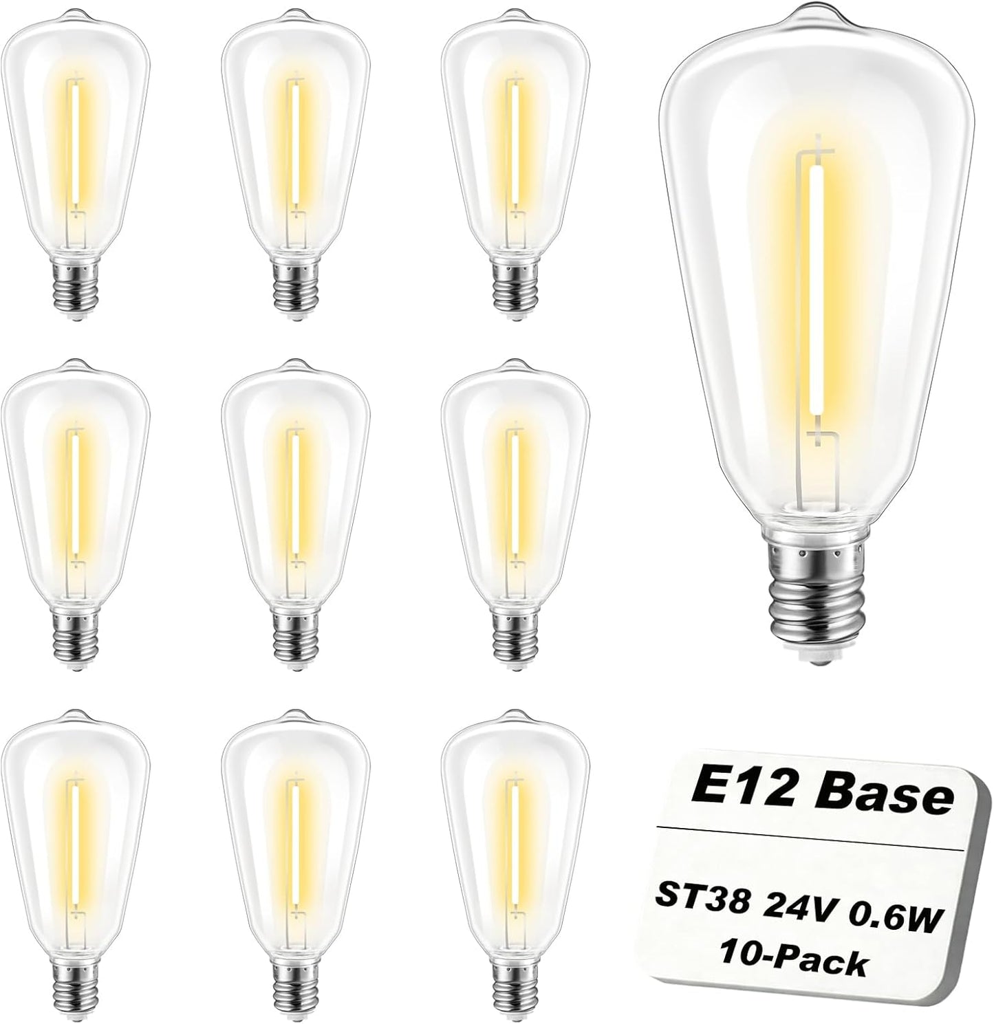 Pack 10 Bombillas LED ST38 24V E12 Plástico Blanco Cálido