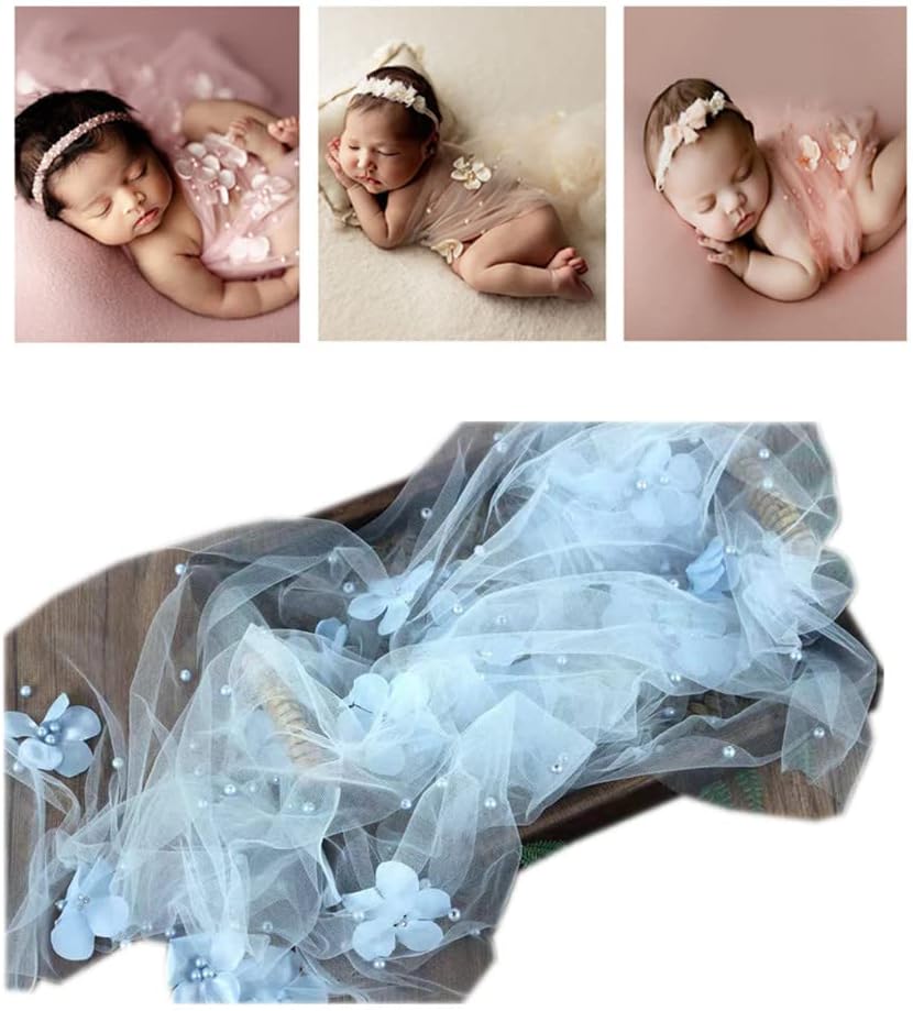 Manta envolvente bebé malla con perlas florales azul claro